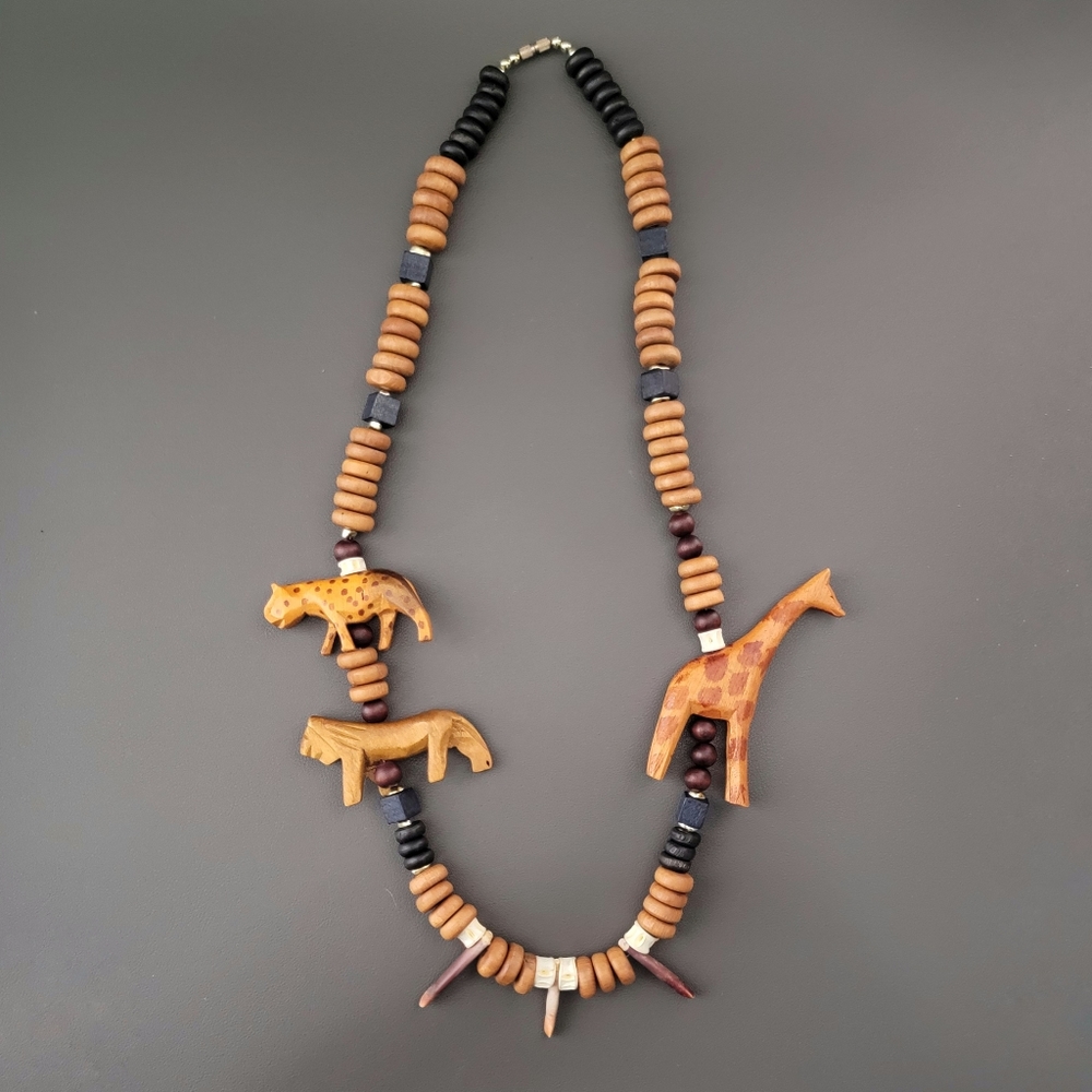 Vintage African Safari wood and shell necklace